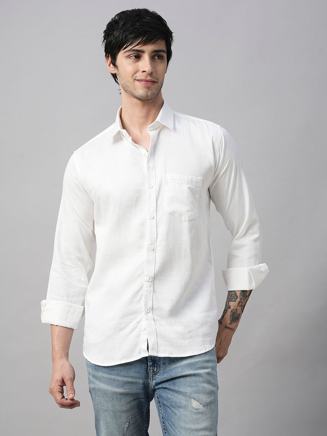 Solid White Cotton Linen Shirt for Men