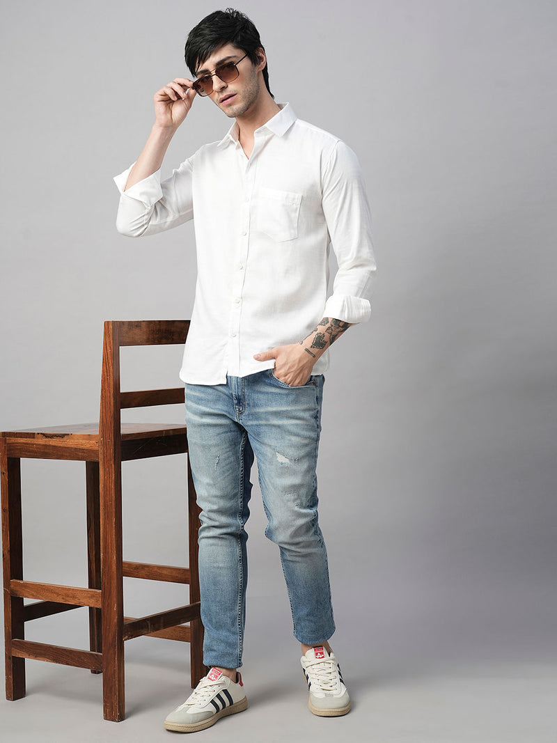 Solid White Cotton Linen Shirt for Men 4
