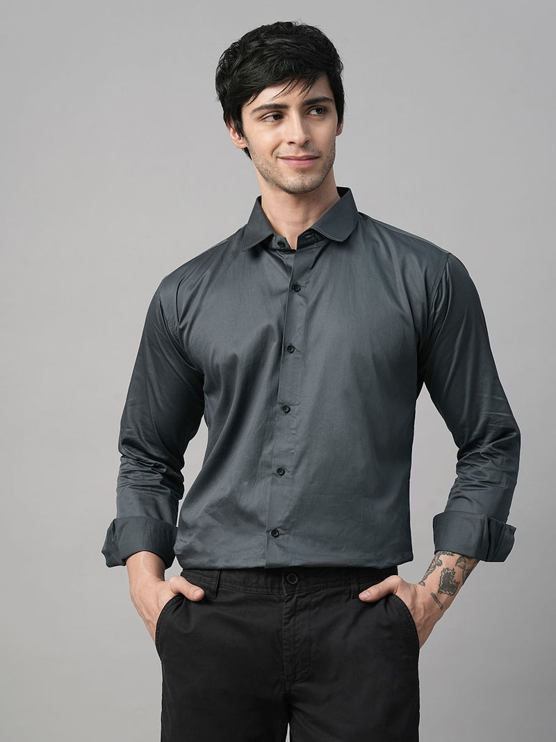 Solid Grey Satin Cotton Shirts for Men 3