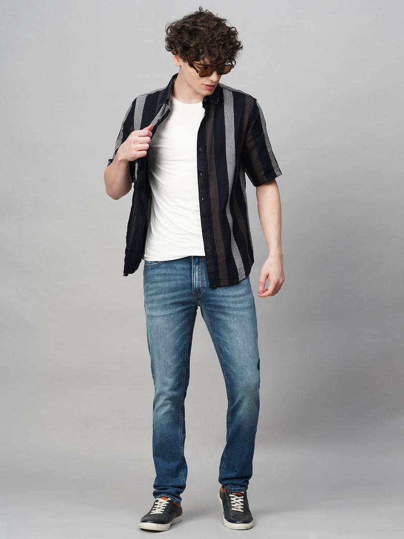 Cultured Crochet Jute Cotton Striped Half Sleeves Shirt for Men 3