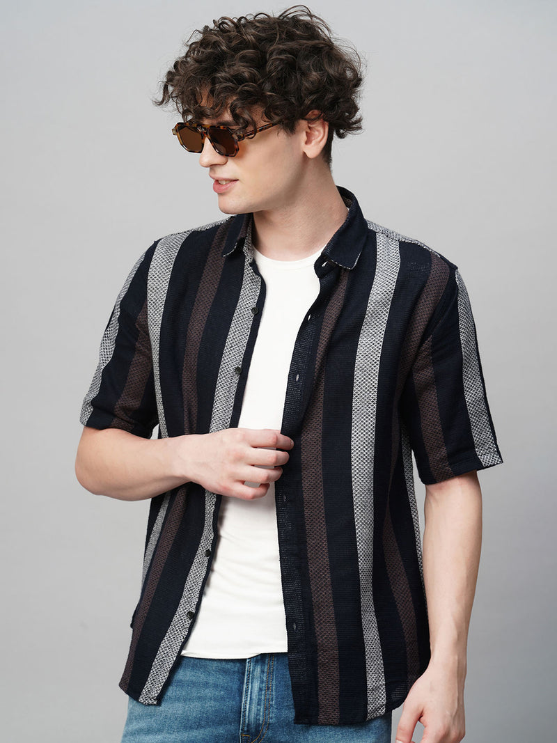 Cultured Crochet Jute Cotton Striped Half Sleeves Shirt for Men 1