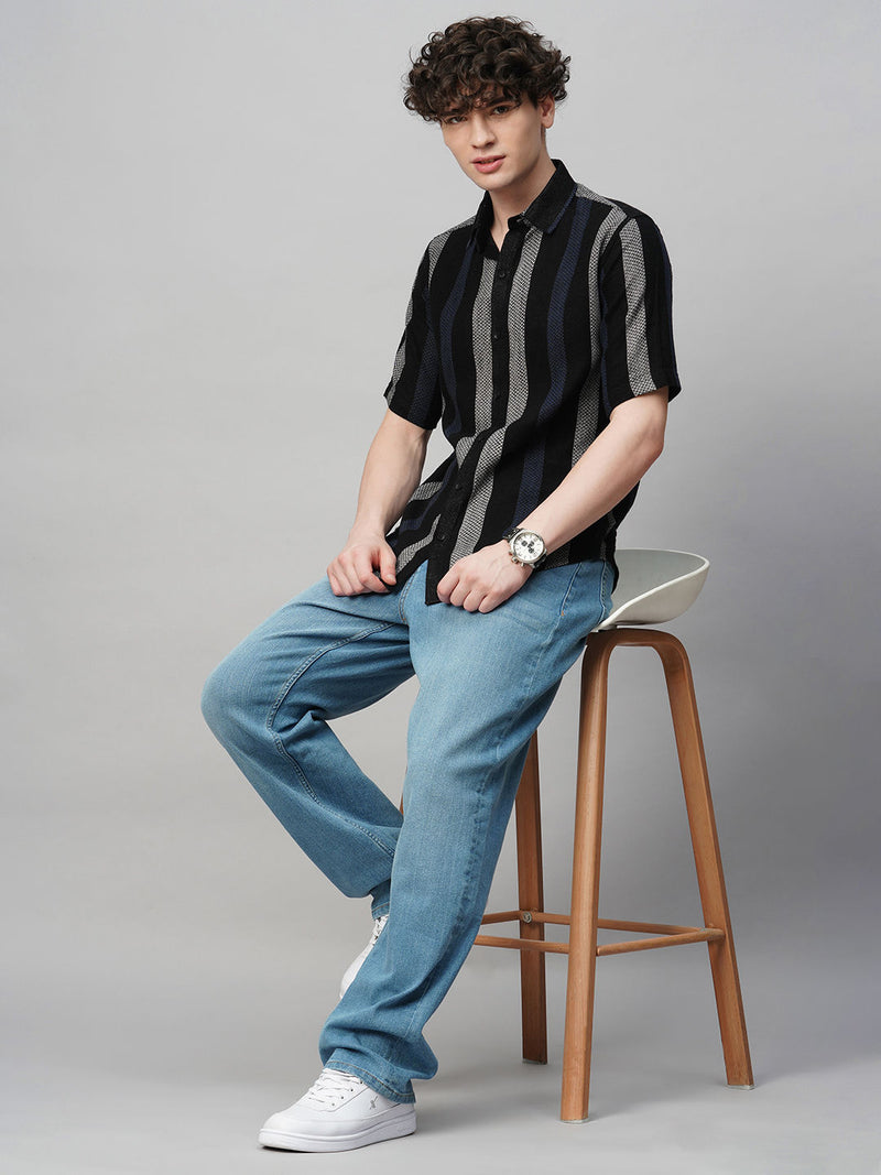 Suave Crochet Striped Half Sleeves Men's Shirt 9