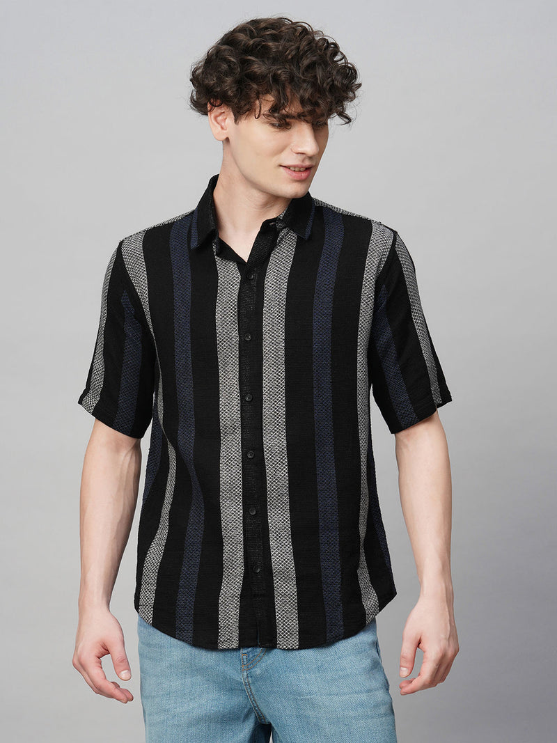 Suave Crochet Striped Half Sleeves Men's Shirt 3