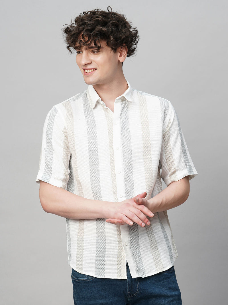 Effortless Cultured Crochet Jute Cotton Striped Half Sleeves Shirt for Men 3