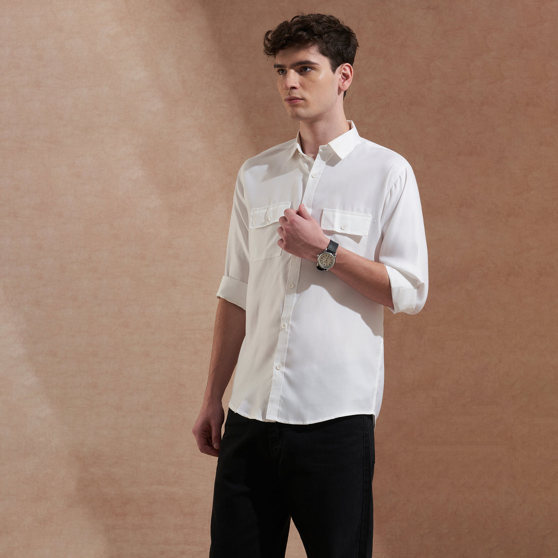 White Dual Flap Pocket Slim Fit Shirt for Men