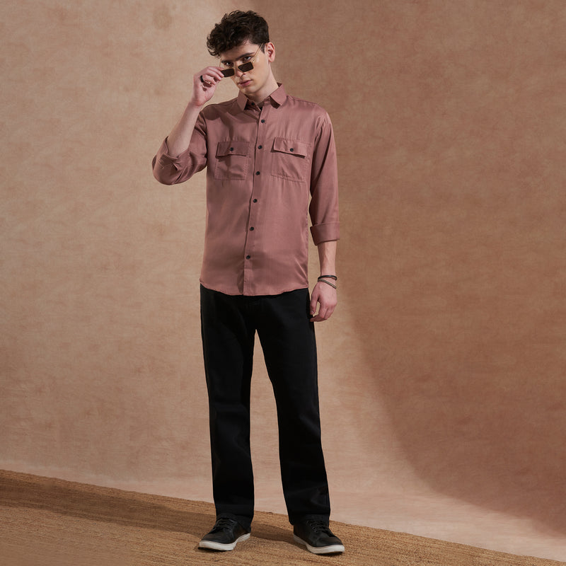 Men Rust Brown Solid Spread Collar Slim Fit Casual Shirt with Dual Flap Pockets 5