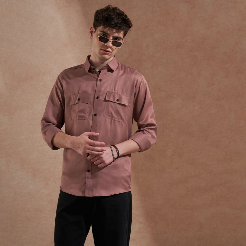 Men Rust Brown Solid Spread Collar Slim Fit Casual Shirt with Dual Flap Pockets 1