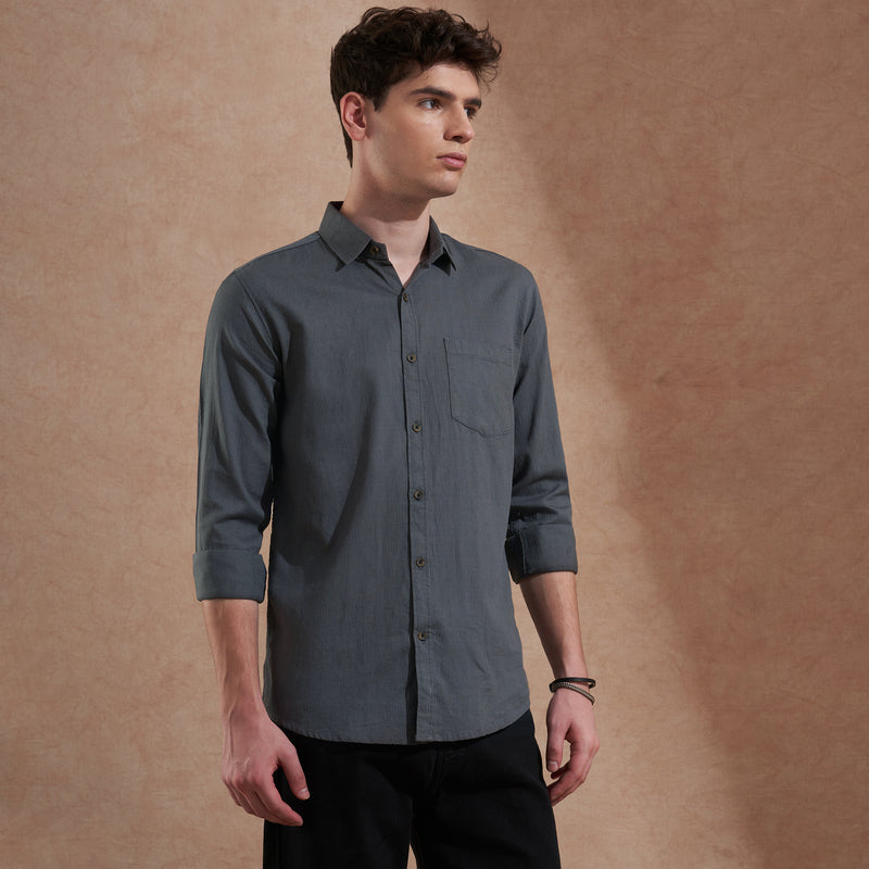 Men Dark Grey Solid Spread Collar Slim Fit Casual Shirt 4
