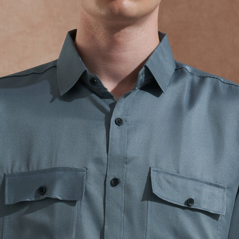 Men's Blue Solid Slim Fit Shirt with Dual Flap Pockets 3