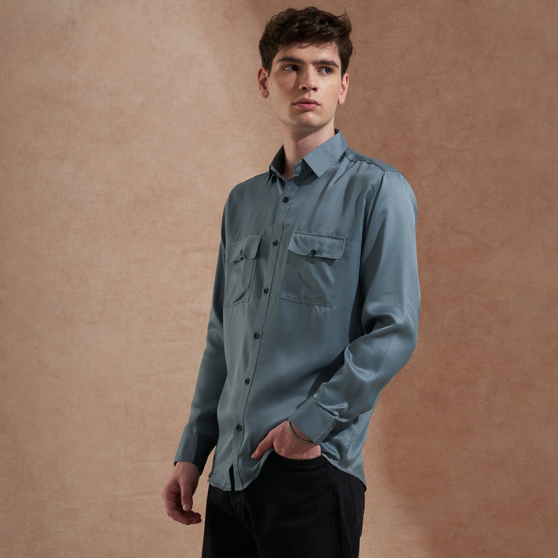 Men's Blue Solid Slim Fit Shirt with Dual Flap Pockets 5
