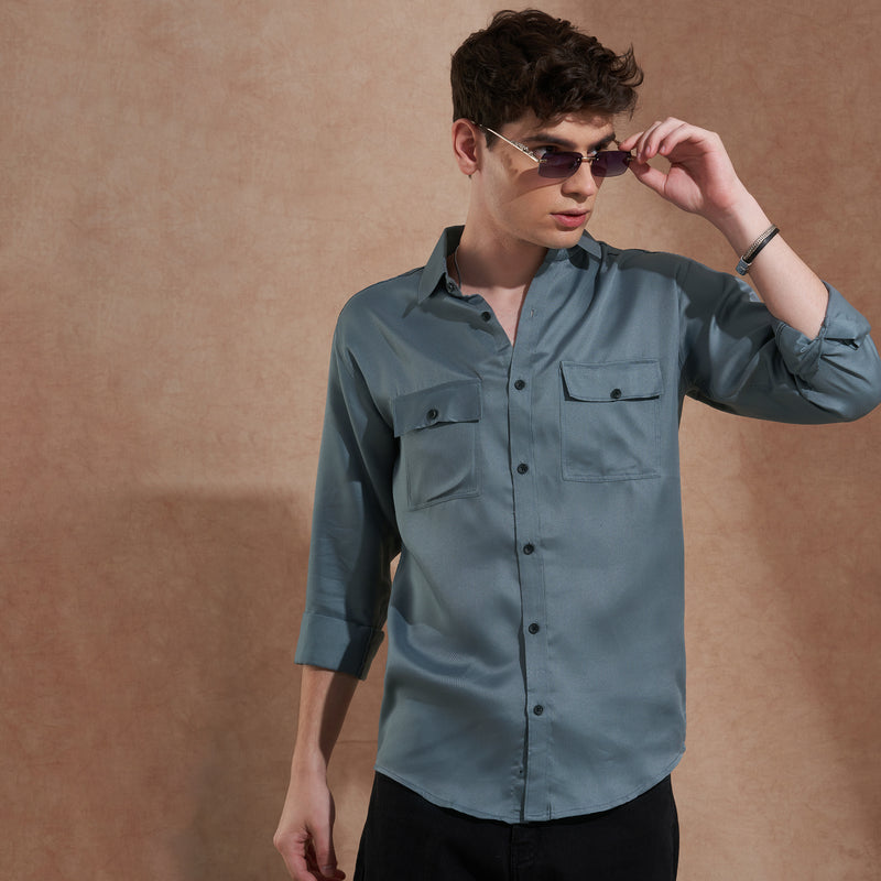 Men's Blue Solid Slim Fit Shirt with Dual Flap Pockets 1