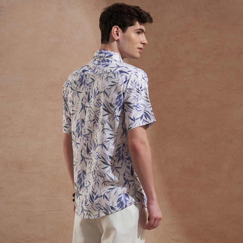 Men White & Blue Leaf Printed Slim Fit Casual Shirt Short Sleeve 4