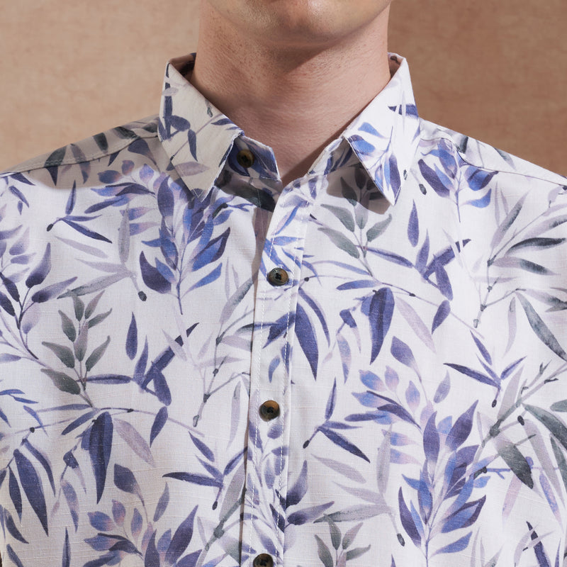 Men White & Blue Leaf Printed Slim Fit Casual Shirt Short Sleeve 5