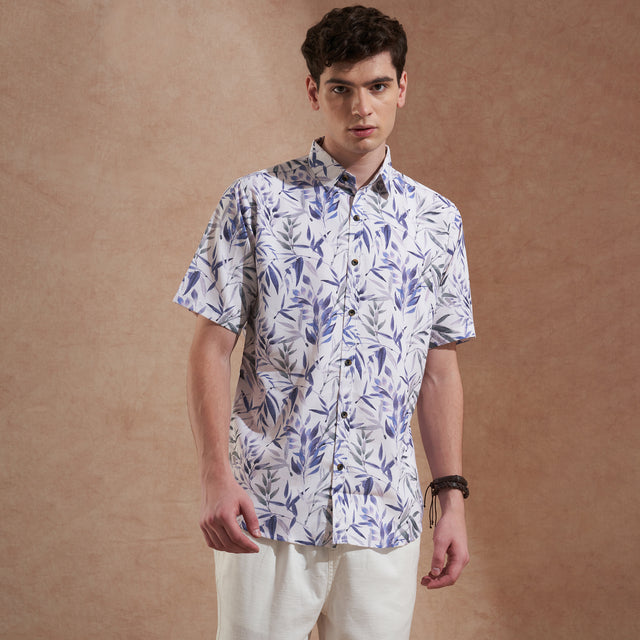 Men White & Blue Leaf Printed Slim Fit Casual Shirt Short Sleeve