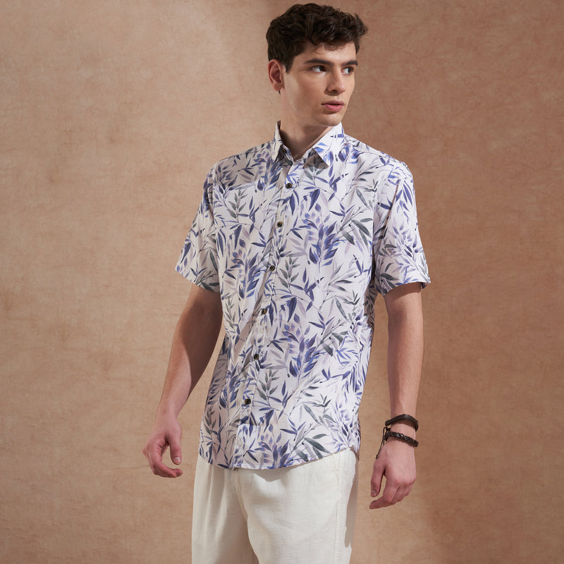 Men White & Blue Leaf Printed Slim Fit Casual Shirt Short Sleeve 6