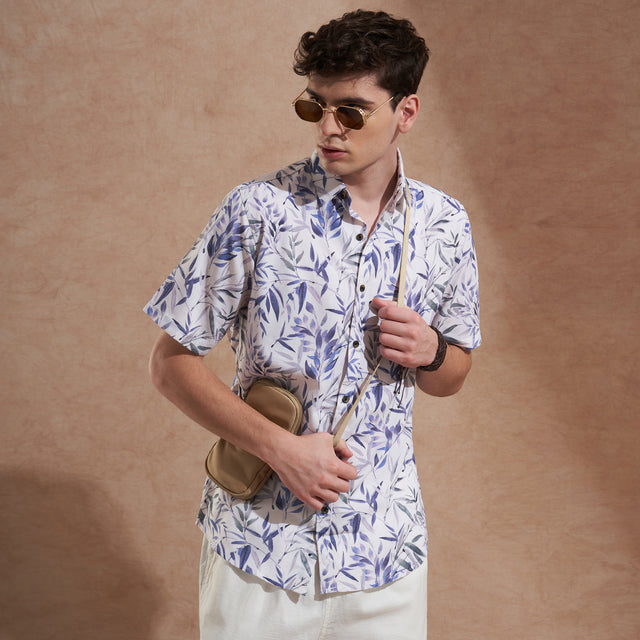 Men White and Blue Leaf Printed Slim Fit Casual Shirt Short Sleeve