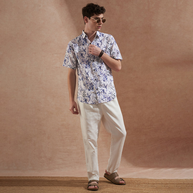 Men White & Blue Leaf Printed Slim Fit Casual Shirt Short Sleeve 7