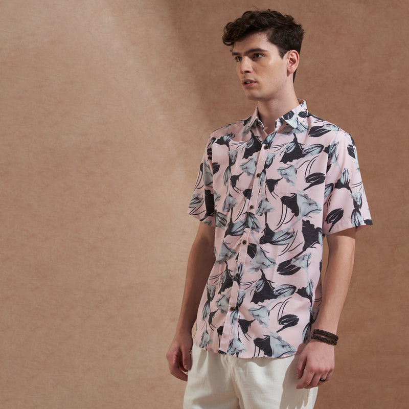 Men Pink Floral Printed Slim Fit Casual Shirt Short Sleeve 6
