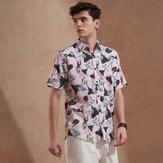 Men Pink Floral Printed Slim Fit Casual Shirt Short Sleeve