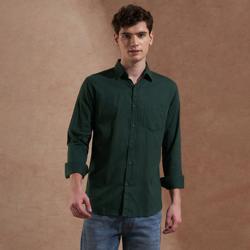 Men Dark Green Solid Spread Collar Slim Fit Casual Shirt 6
