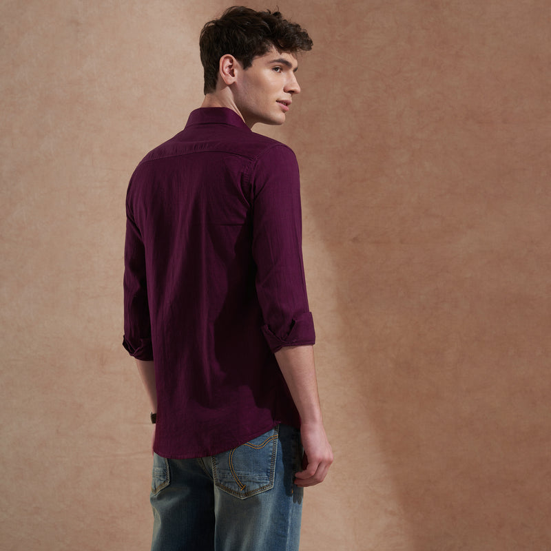 Men Dark Purple Solid Spread Collar Slim Fit Casual Shirt 4
