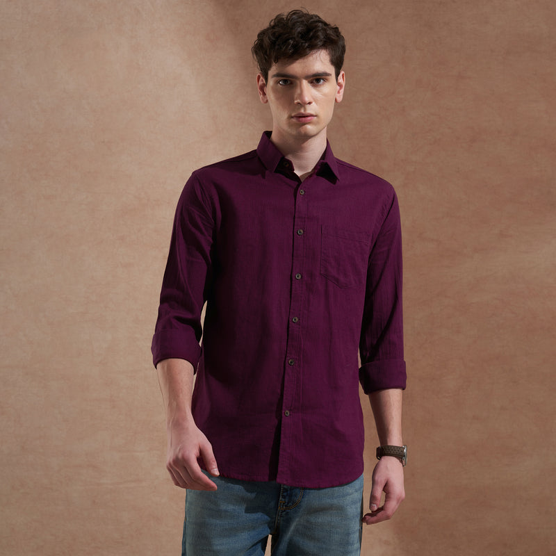 Men Dark Purple Solid Spread Collar Slim Fit Casual Shirt 7