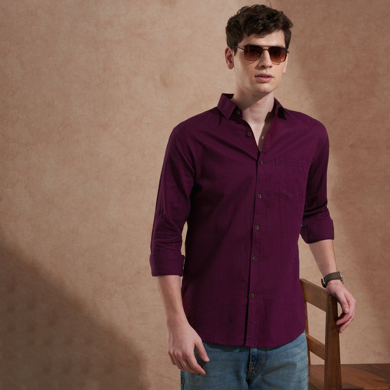 Men Dark Purple Solid Spread Collar Slim Fit Casual Shirt 6