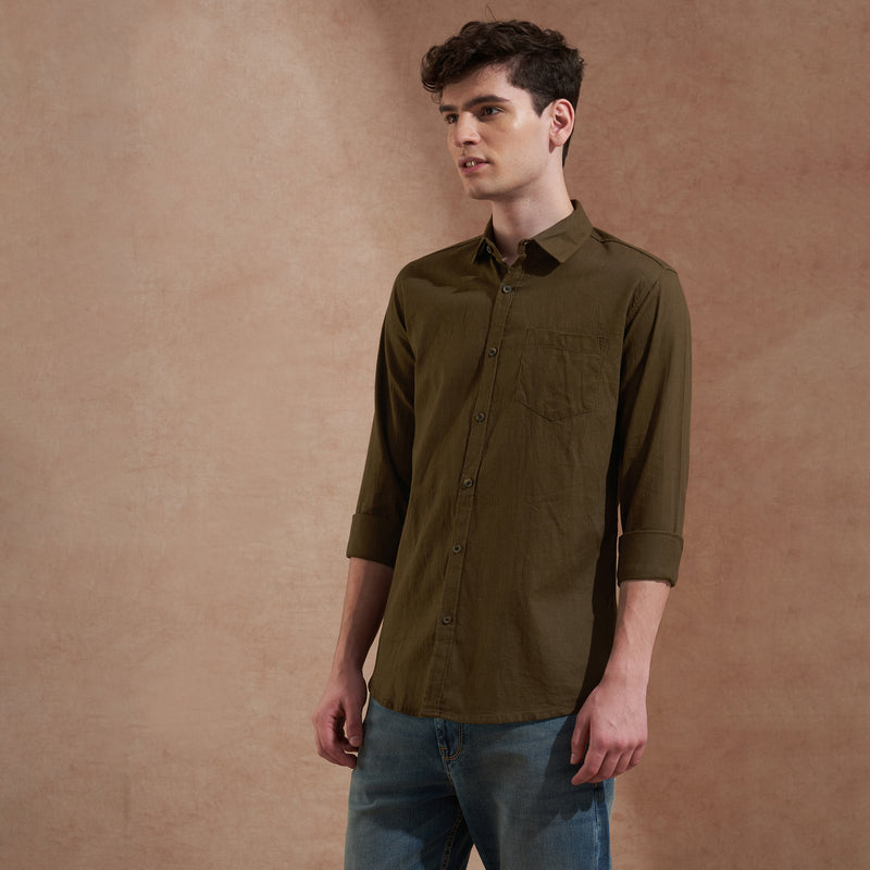 Men Olive Green Solid Spread Collar Slim Fit Casual Shirt 6