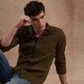 Men Olive Green Solid Spread Collar Slim Fit Casual Shirt