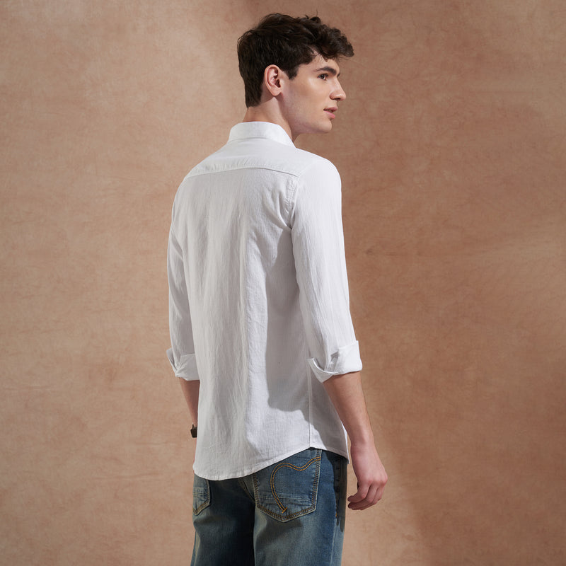 Men's White Solid Spread Collar Slim Fit Casual Shirt 5