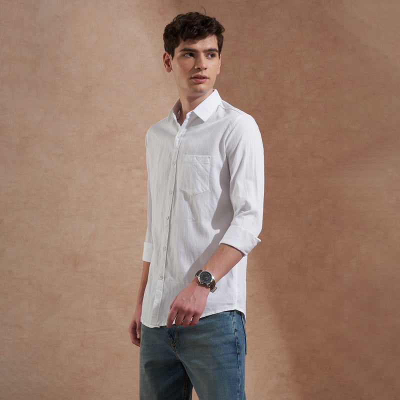 Men's White Solid Spread Collar Slim Fit Casual Shirt 7