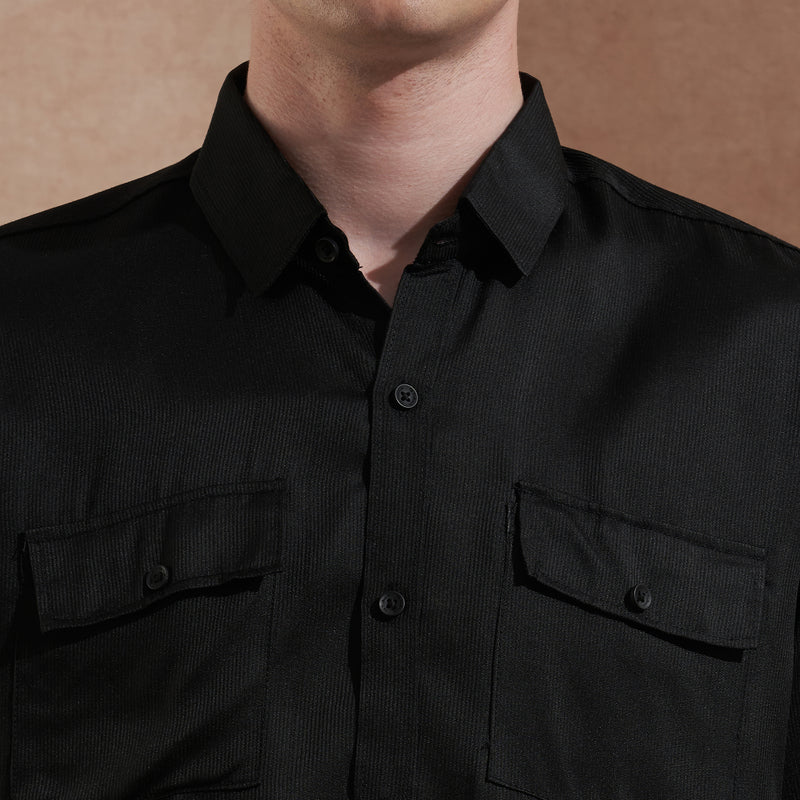 Men's Black Solid Slim Fit Shirt with Dual Flap Pockets 6