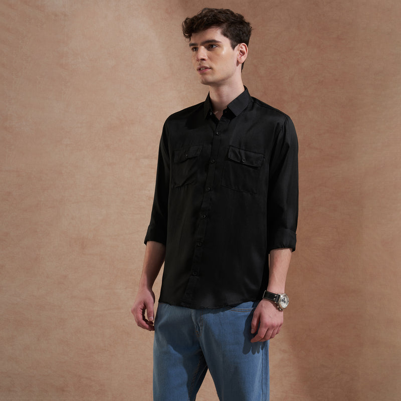 Men's Black Solid Slim Fit Shirt with Dual Flap Pockets 7