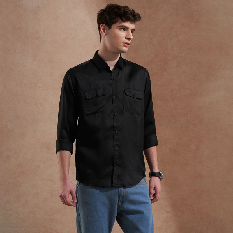 Men's Black Solid Slim Fit Shirt with Dual Flap Pockets 3