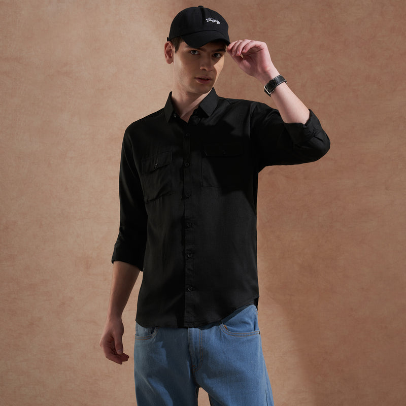 Men's Black Solid Slim Fit Shirt with Dual Flap Pockets 1