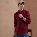 Men Burgundy Solid Spread Collar Slim Fit Casual Shirt with Dual Flap Pockets