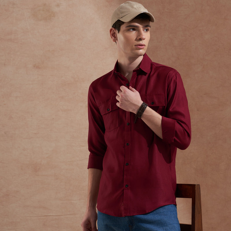 Men Burgundy Solid Spread Collar Slim Fit Casual Shirt with Dual Flap Pockets 1