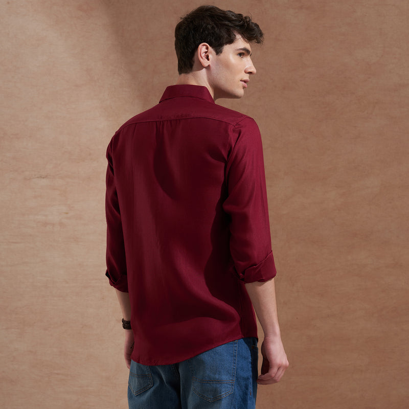 Men Burgundy Solid Spread Collar Slim Fit Casual Shirt with Dual Flap Pockets 5