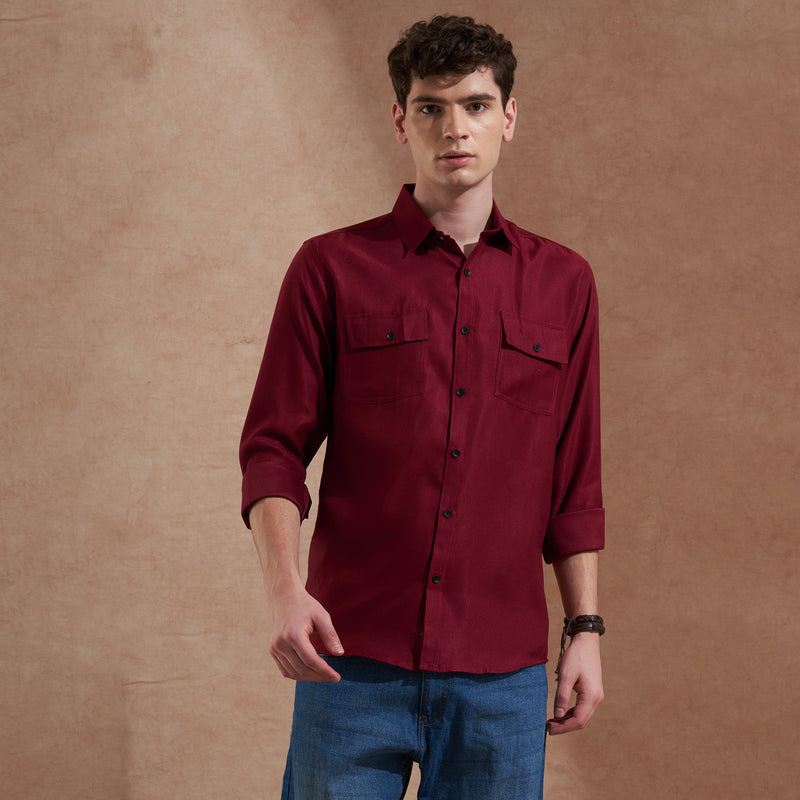 Men Burgundy Solid Spread Collar Slim Fit Casual Shirt with Dual Flap Pockets 6