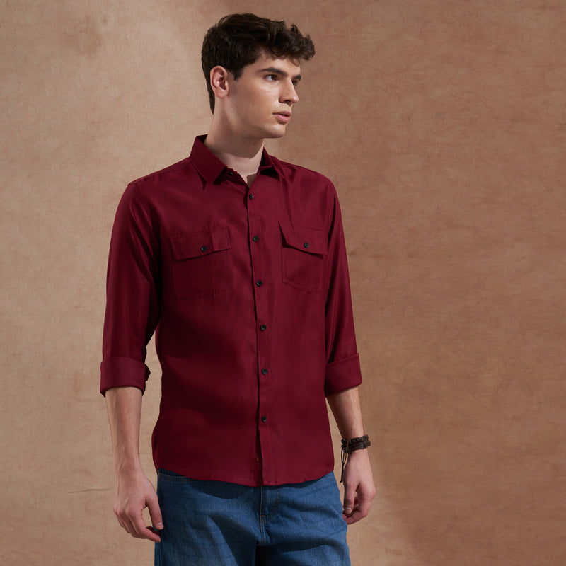 Men Burgundy Solid Spread Collar Slim Fit Casual Shirt with Dual Flap Pockets 7