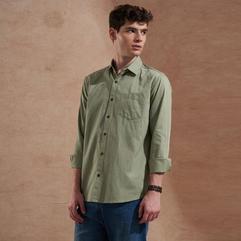 Men Light Green Solid Spread Collar Slim Fit Casual Shirt 5