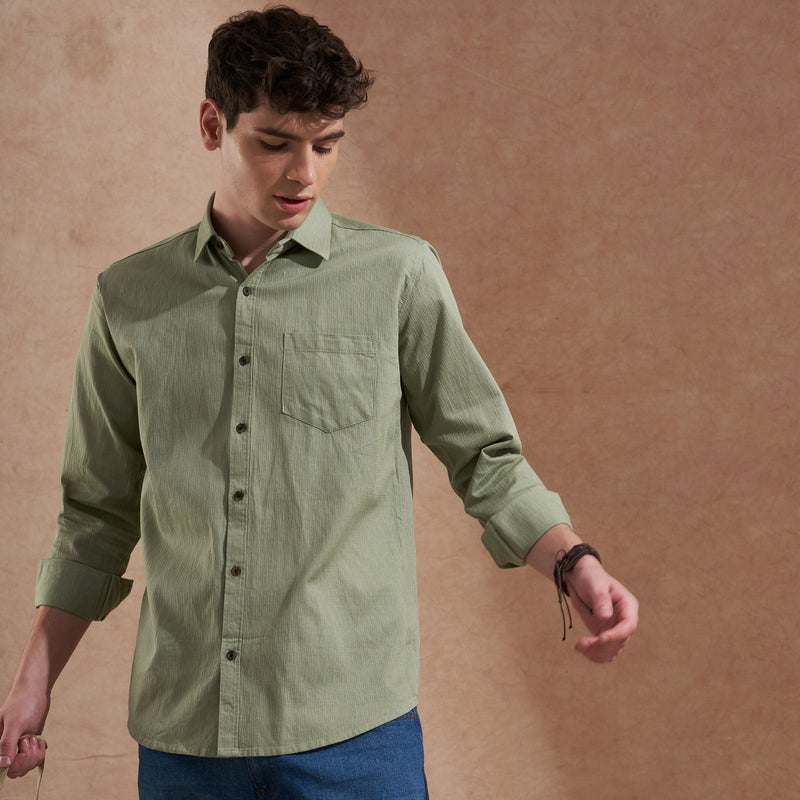 Men Light Green Solid Spread Collar Slim Fit Casual Shirt 6