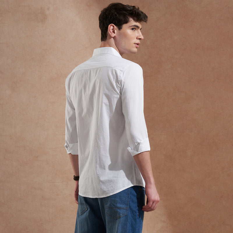 Men White Solid Spread Collar Slim Fit Casual Shirt 4