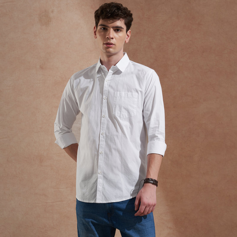 Men White Solid Spread Collar Slim Fit Casual Shirt 3