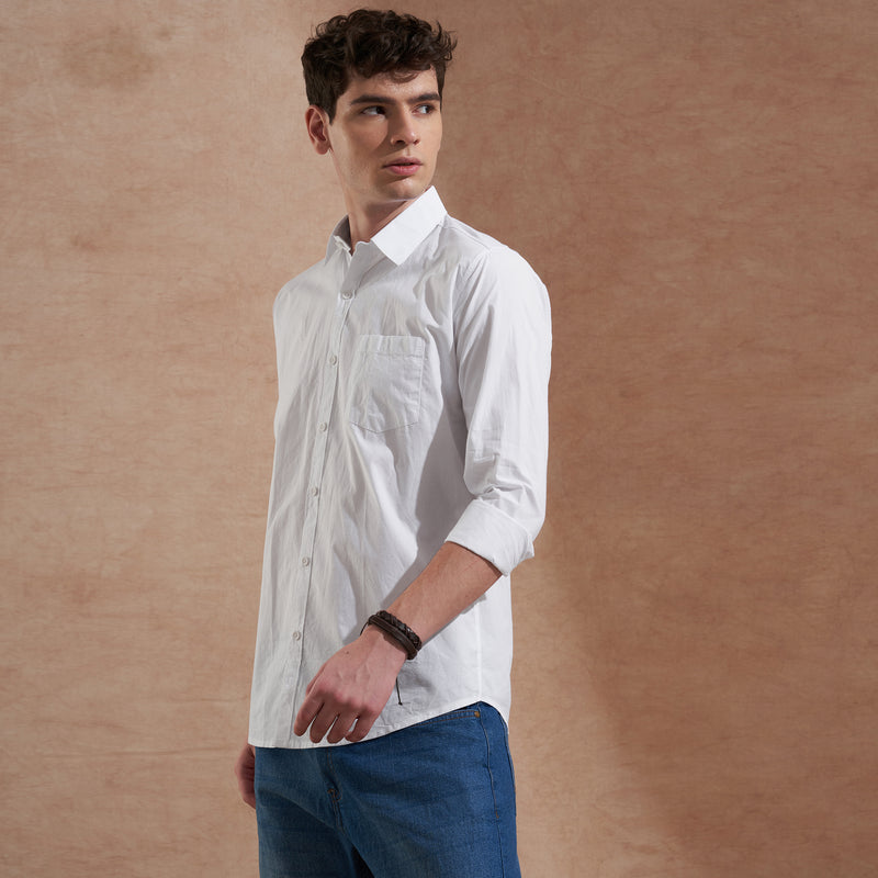 Men White Solid Spread Collar Slim Fit Casual Shirt 6