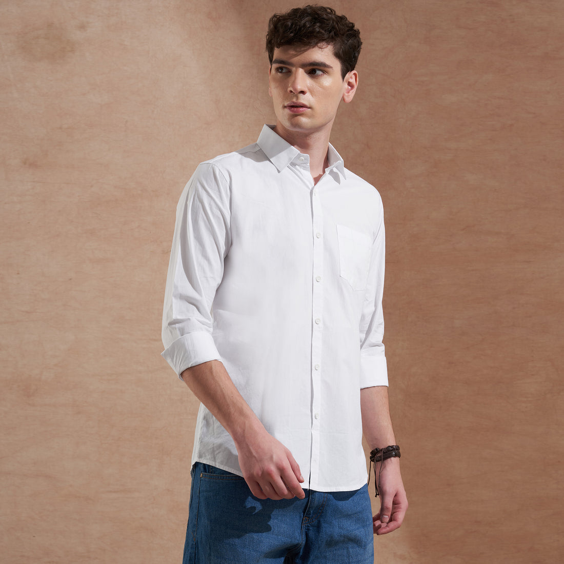 White solid shirt with spread collar for men