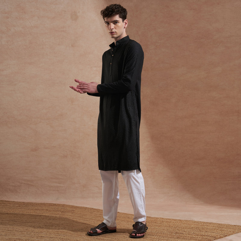 Men’s Black Textured Embroidered Kurta 8