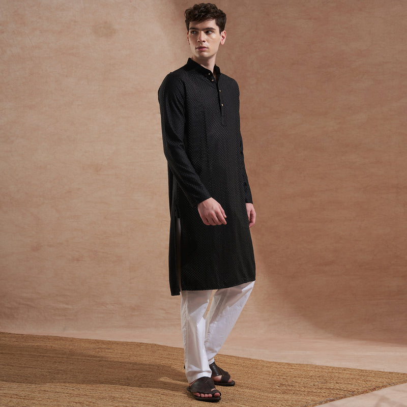 Men’s Black Textured Embroidered Kurta 7