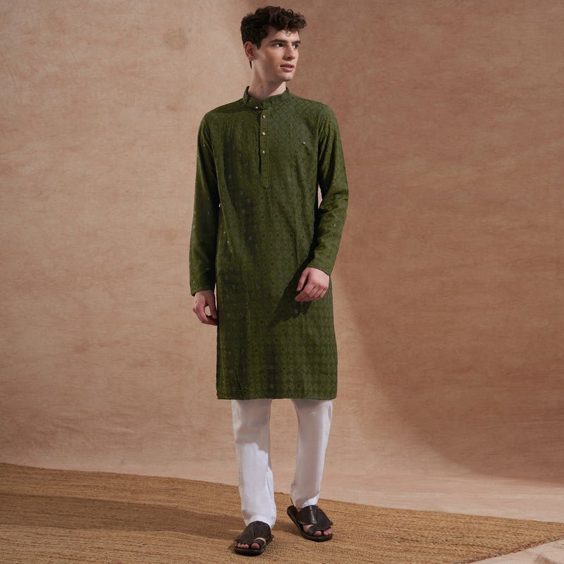 Men’s Olive Green Tonal Embroidered Kurta 3