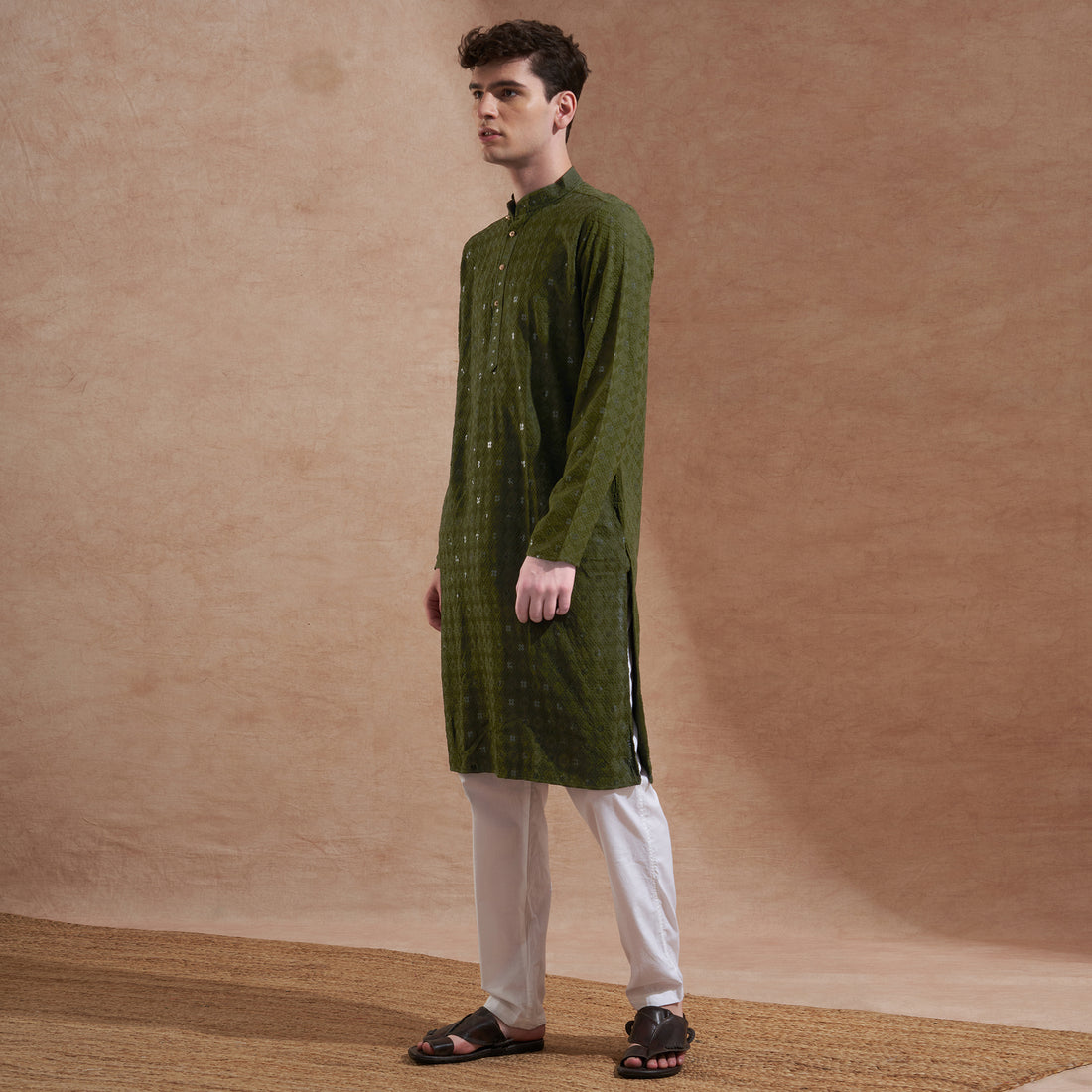 Men’s Olive Green Tonal Embroidered Kurta